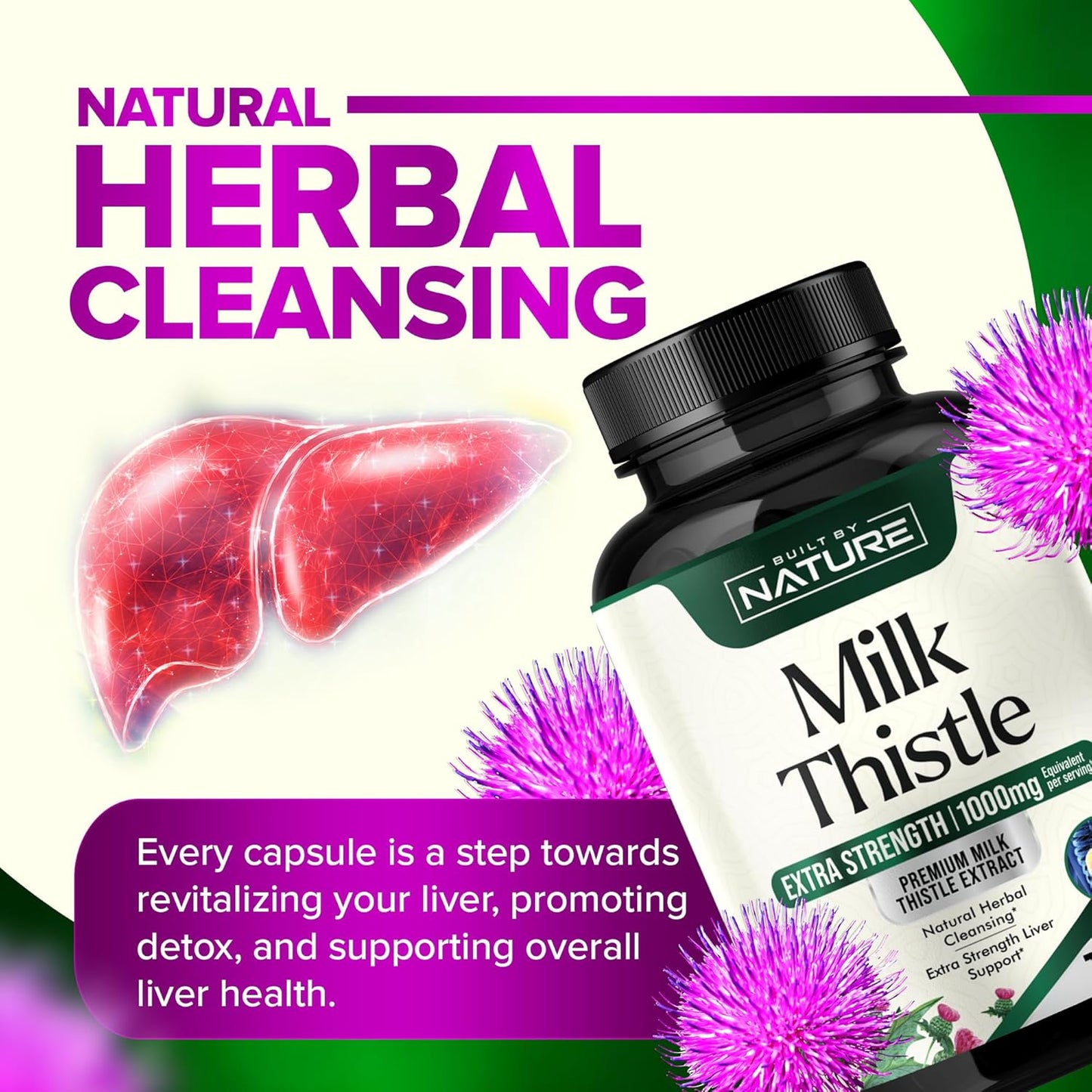 Natural Liver Detox Supplement with Milk Thistle 1000mg, Dandelion Root, Silymarin Extract - Gentle Herbal Cleanse for Men & Women - Liver Health Support - Non-GMO - 120 Veggie Capsules