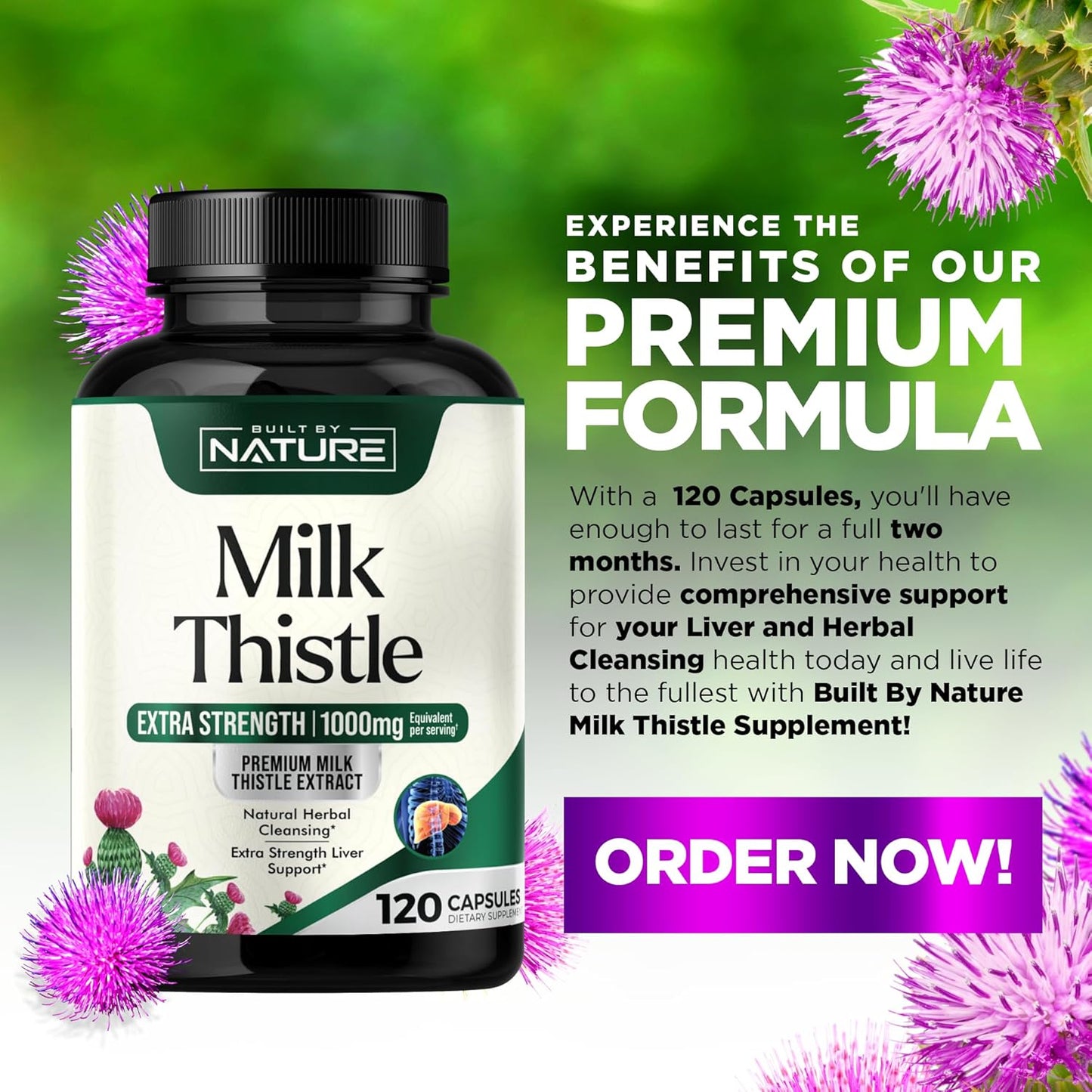 Natural Liver Detox Supplement with Milk Thistle 1000mg, Dandelion Root, Silymarin Extract - Gentle Herbal Cleanse for Men & Women - Liver Health Support - Non-GMO - 120 Veggie Capsules