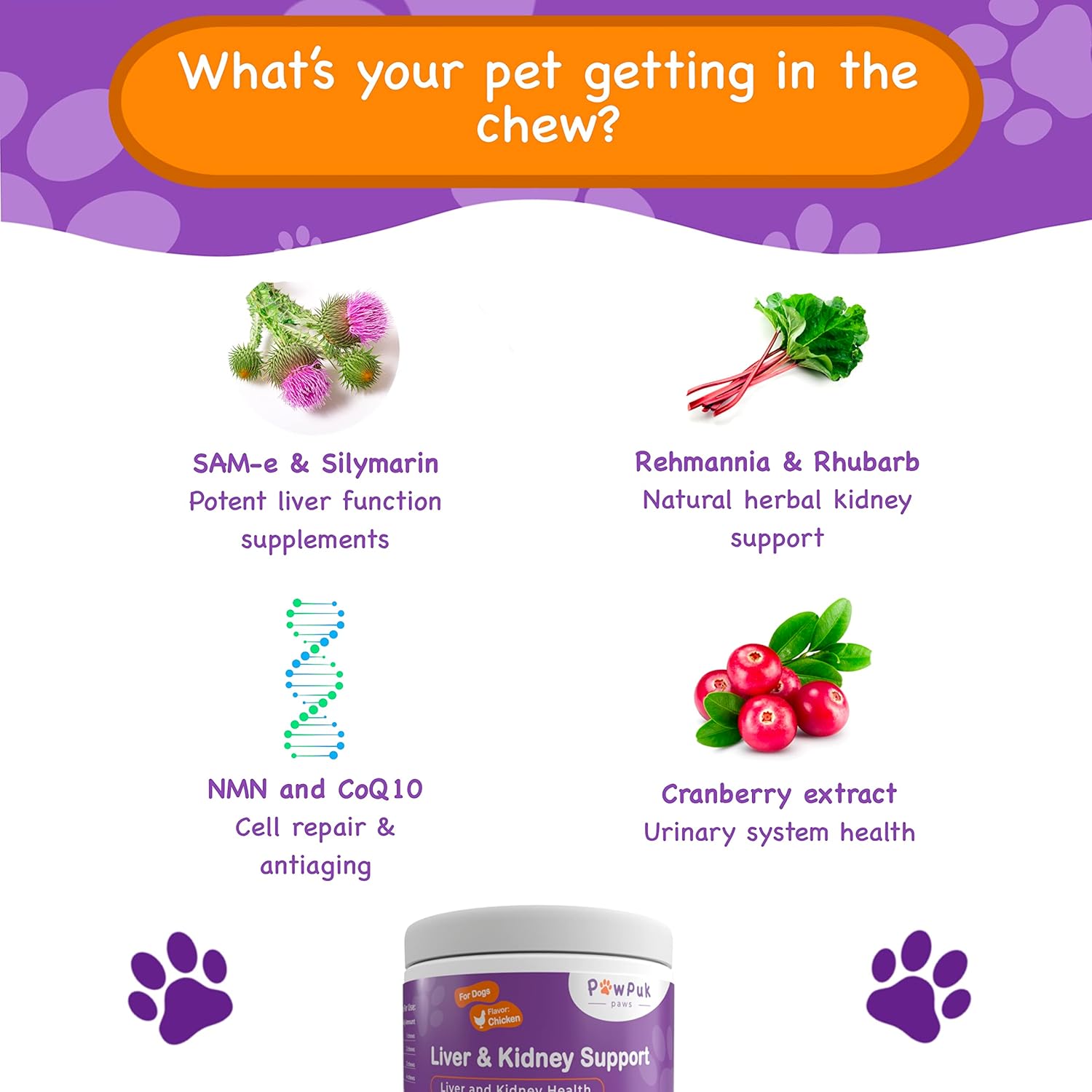Natural Liver & Kidney Support Supplements for Dogs - SAM-E, Silymarin, NMN, CoQ10, Rehmannia, Rhubarb, Cranberry - Pawpuk Paws Anti-Aging Formula for UT Health