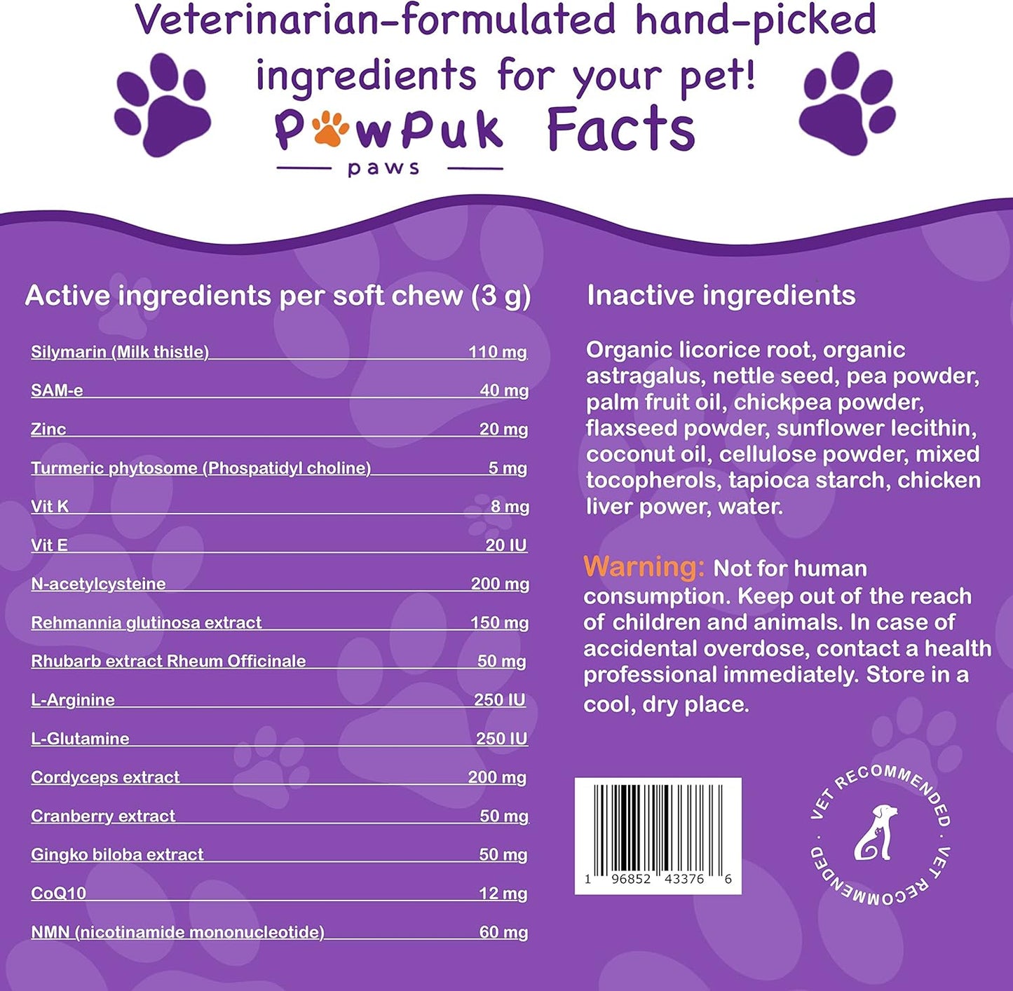 Natural Liver & Kidney Support Supplements for Dogs - SAM-E, Silymarin, NMN, CoQ10, Rehmannia, Rhubarb, Cranberry - Pawpuk Paws Anti-Aging Formula for UT Health