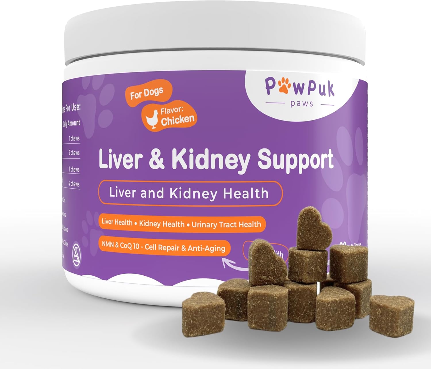 Natural Liver & Kidney Support Supplements for Dogs - SAM-E, Silymarin, NMN, CoQ10, Rehmannia, Rhubarb, Cranberry - Pawpuk Paws Anti-Aging Formula for UT Health
