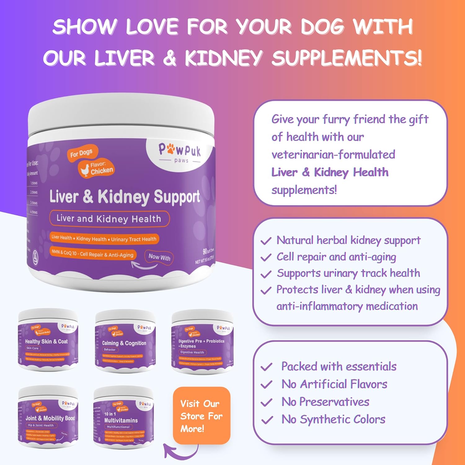Natural Liver & Kidney Support Supplements for Dogs - SAM-E, Silymarin, NMN, CoQ10, Rehmannia, Rhubarb, Cranberry - Pawpuk Paws Anti-Aging Formula for UT Health