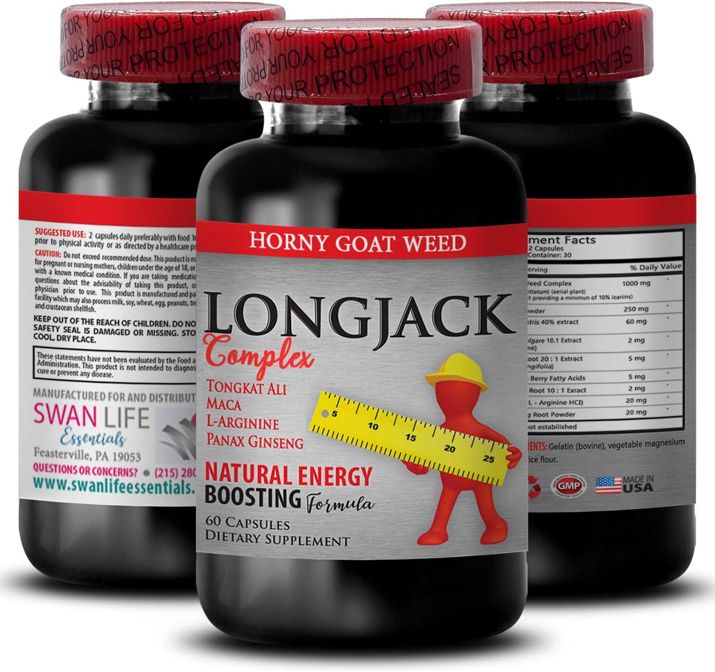 Natural Longjack Tongkat Ali Male Enhancement Pills - Libido Booster & Fertility Supplement - Energy-Boosting Vitamins with All-Natural Formula - 60 Capsules