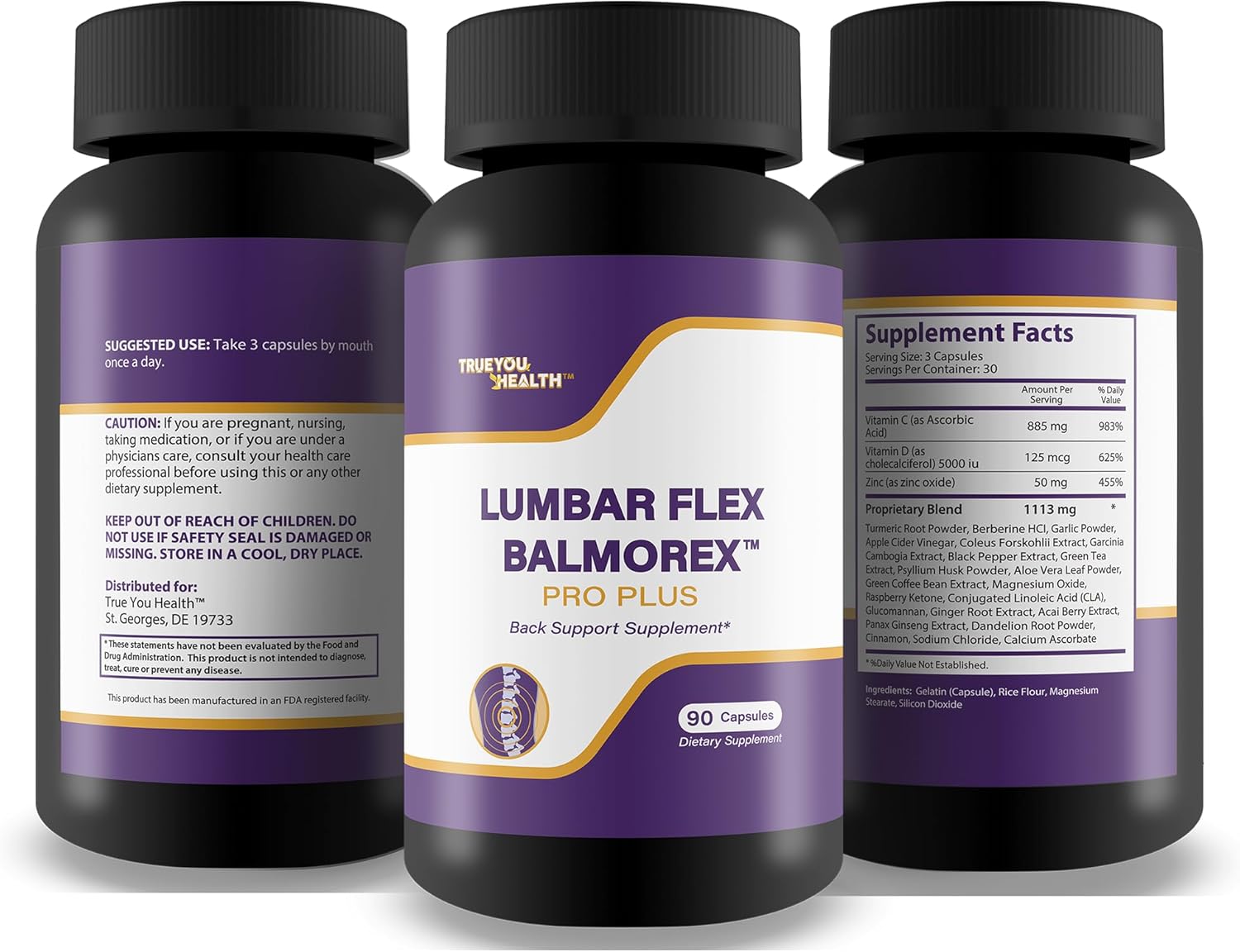 Natural Lumbar Flex Supplement for Lower Back Support - Back Pain Relief Pills - Back Stiffness and Ache Relief - True You Health Balmorex Pro Plus