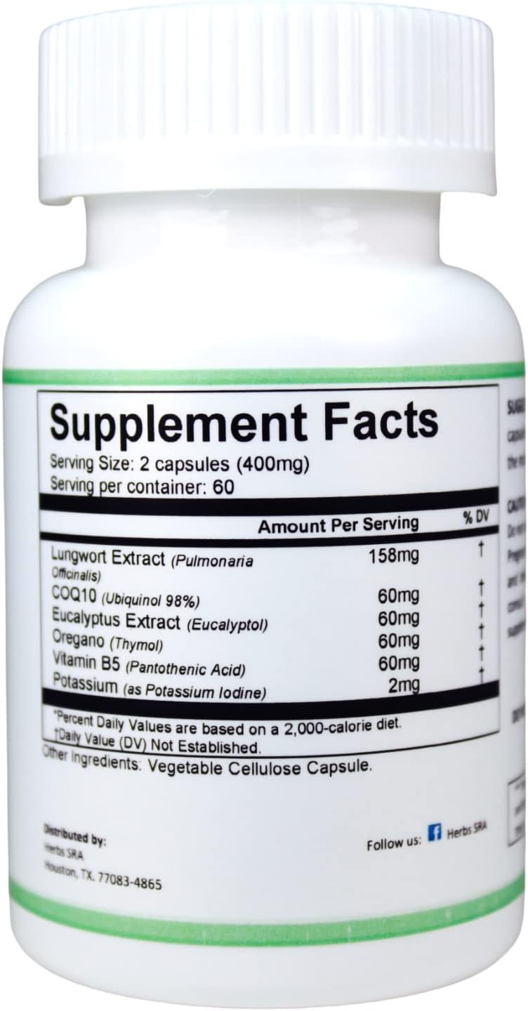 Natural Lung Cleanse & Detox Formula - 120 Vegetarian Capsules for Healthy Respiratory Support & Mucus Congestion Relief