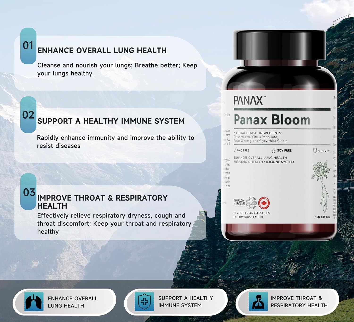 Natural Lung Health Capsules with Ginseng, Citri Maxima, Citri Reticulata, & Liquorice - 60 Vegetarian Capsules for Immune Support