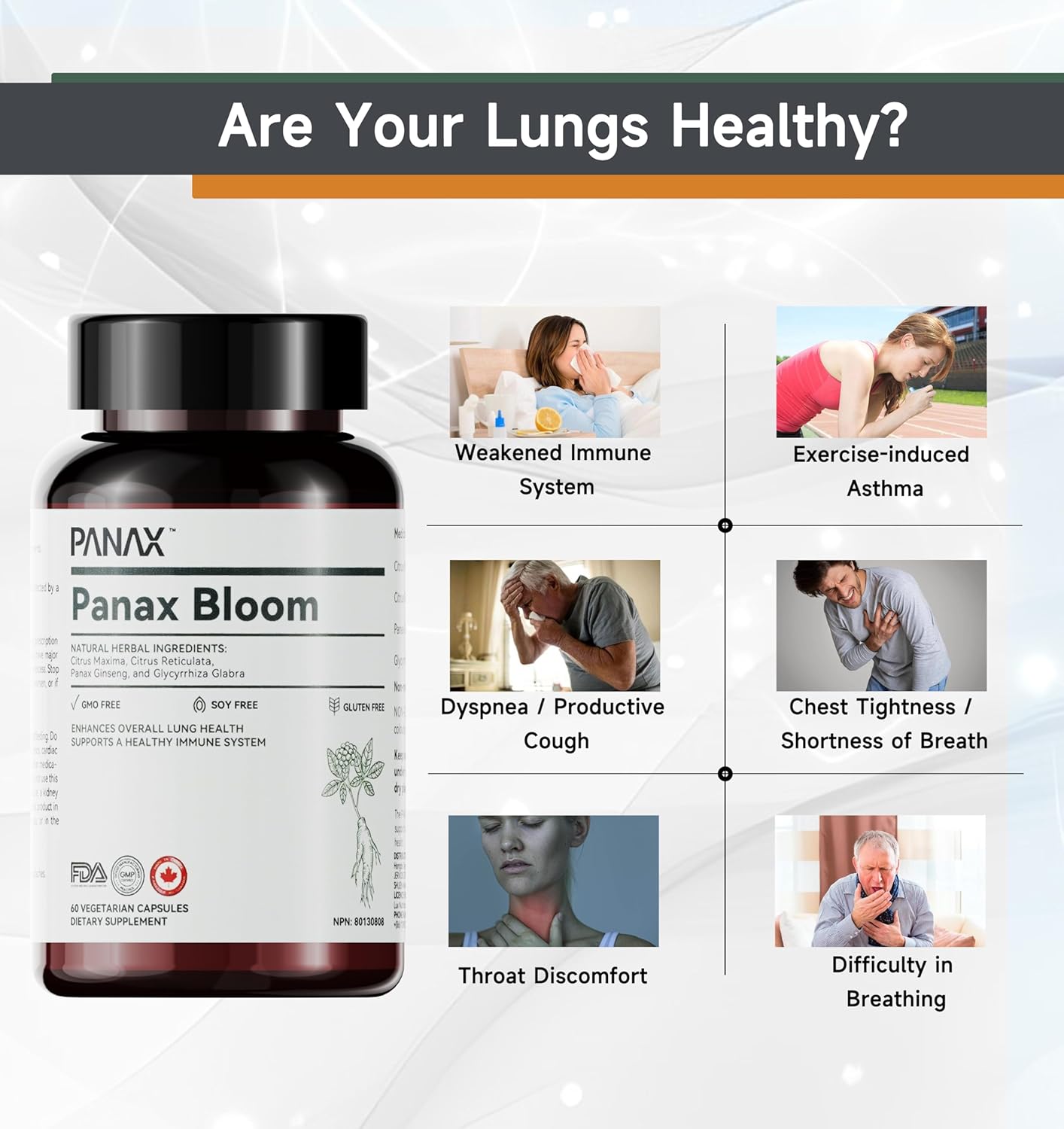 Natural Lung Health Capsules with Ginseng, Citri Maxima, Citri Reticulata, & Liquorice - 60 Vegetarian Capsules for Immune Support