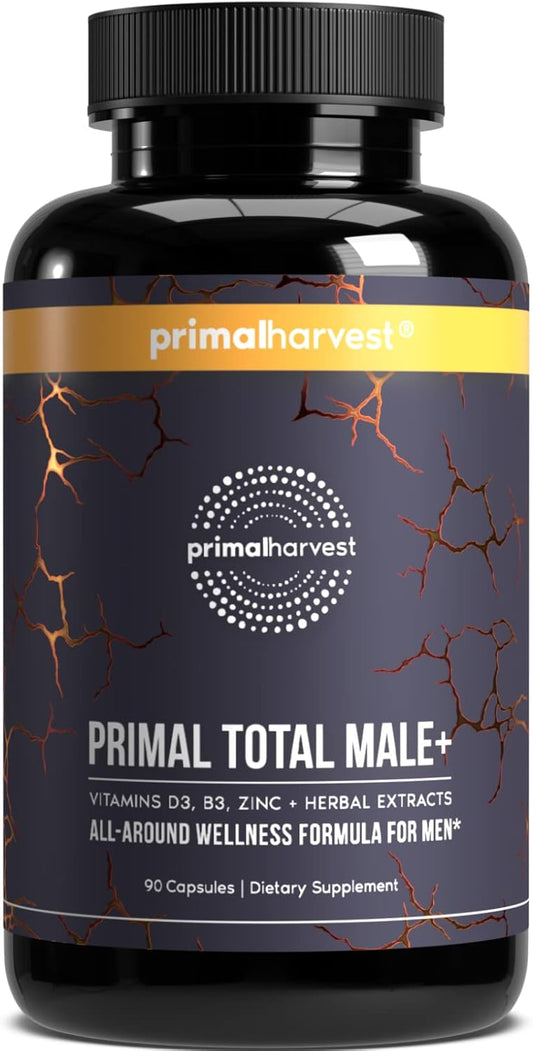 Natural Male Libido Booster Supplement with Tribulus Terrestris, Fenugreek, Korean Ginseng, Maca Root, and Horny Goat Weed - Primal Harvest Primal Total Male 90 Capsules