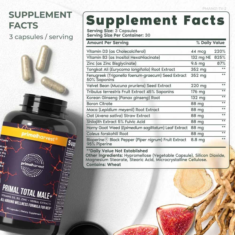 Natural Male Libido Booster Supplement with Tribulus Terrestris, Fenugreek, Korean Ginseng, Maca Root, and Horny Goat Weed - Primal Harvest Primal Total Male 90 Capsules