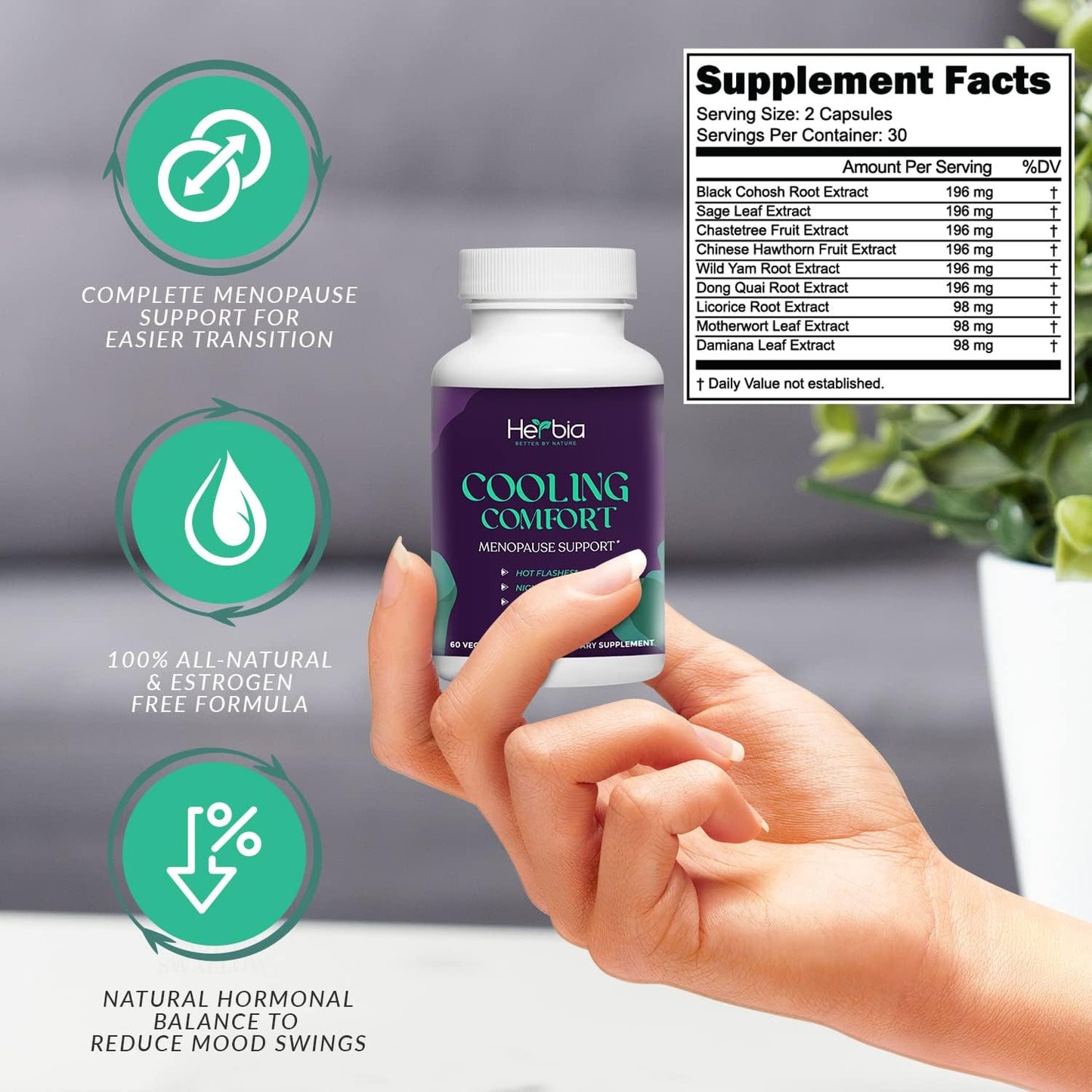 Natural Menopause and PMS Supplement for Hormonal Balance - Estrogen-Free Herbal Formula with Natural Relief for Night Sweats, Mood Swings, and Vaginal Dryness - Made in USA - 60 Capsules