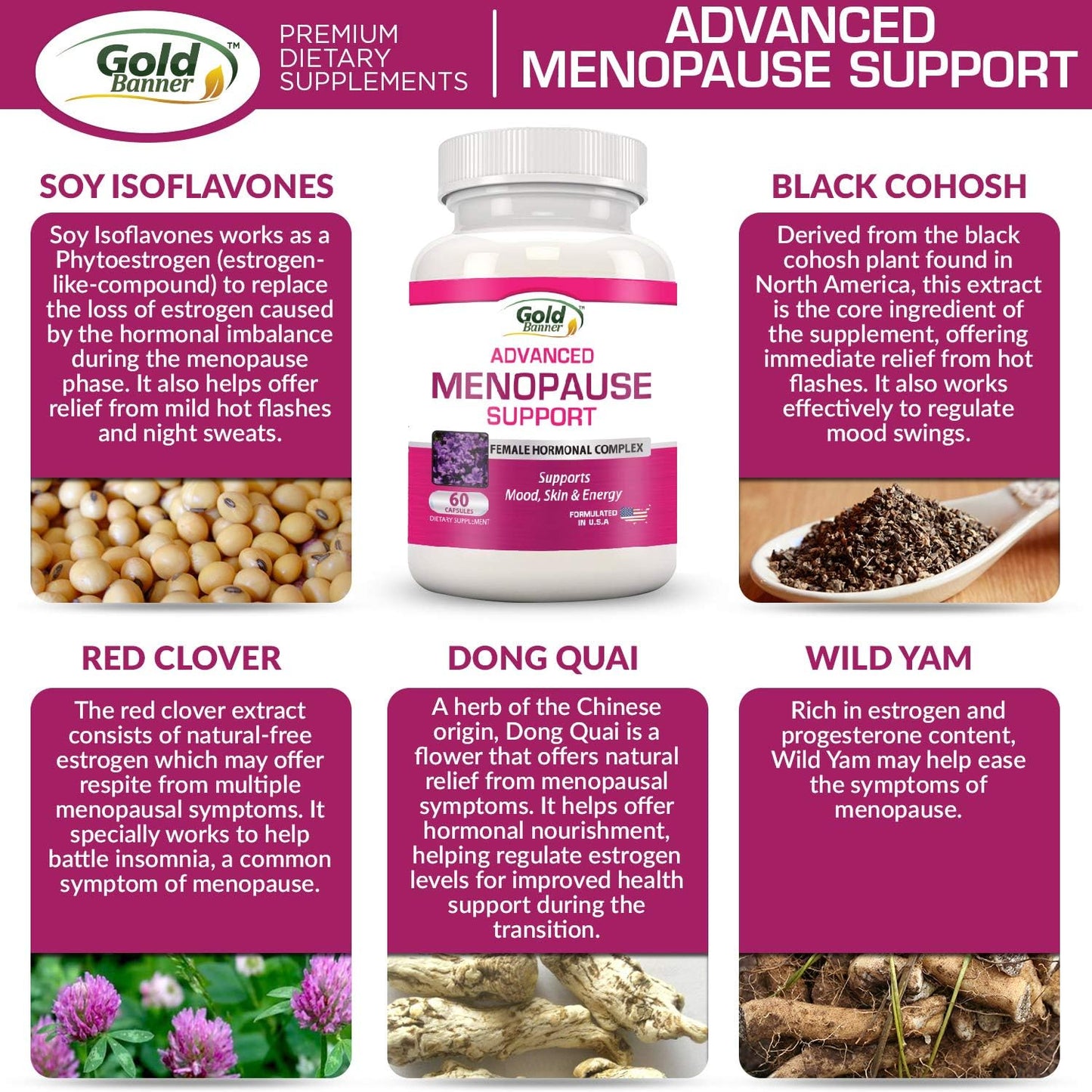 Natural Menopause Relief Supplement - Herbal Complex for Hot Flashes, Mood Swings & Dryness - Black Cohosh, Soy Isoflavones - Hormone-Free Formula