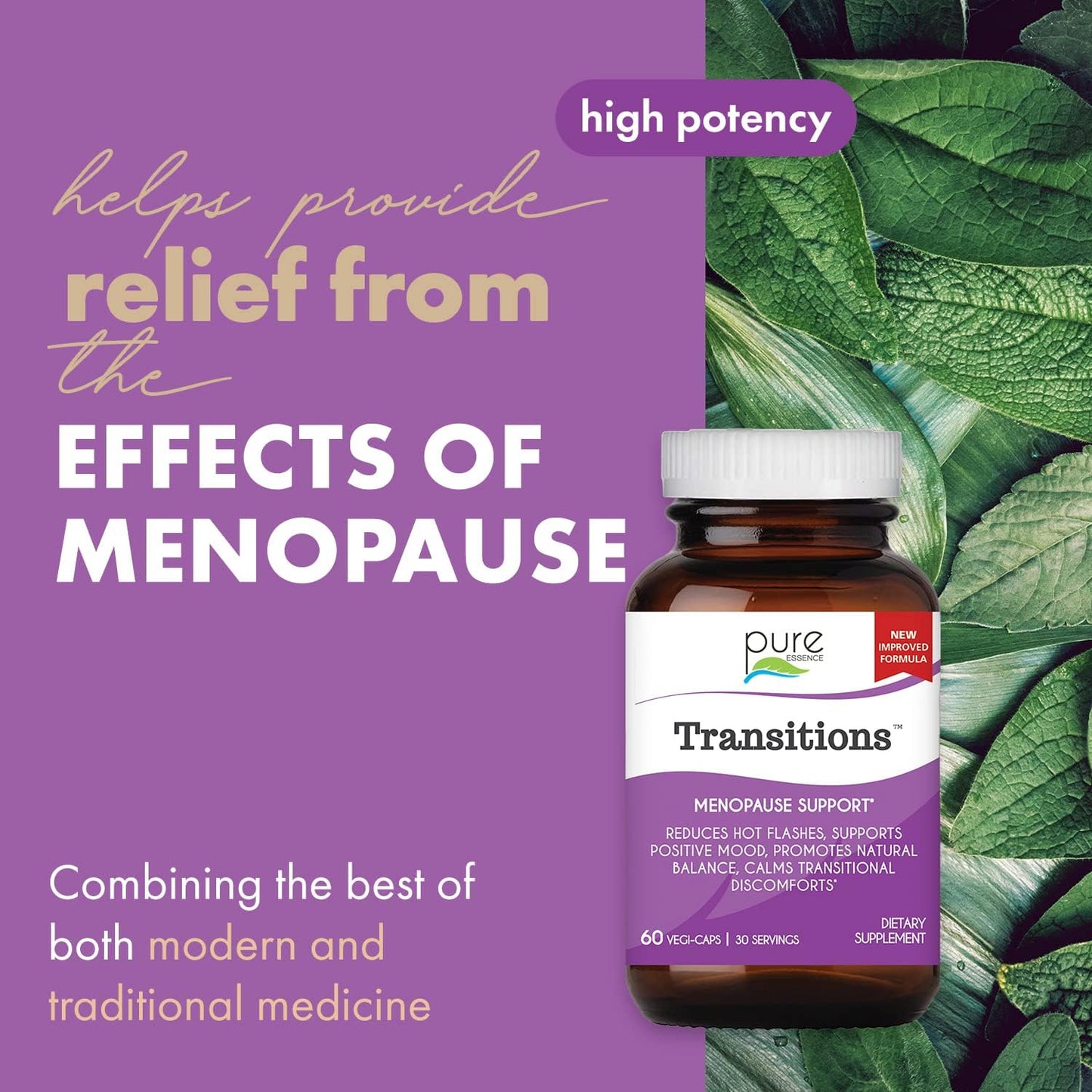 Natural Menopause Relief Supplement for Women - 60 Capsules by PURE ESSENCE LABS - Promotes Hormone Balance, Reduces Hot Flashes, Mood Swings, & Night Sweats