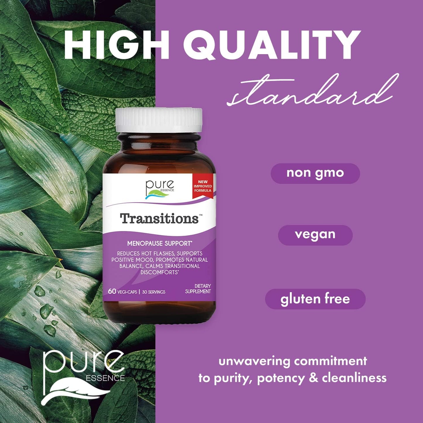 Natural Menopause Relief Supplement for Women - 60 Capsules by PURE ESSENCE LABS - Promotes Hormone Balance, Reduces Hot Flashes, Mood Swings, & Night Sweats