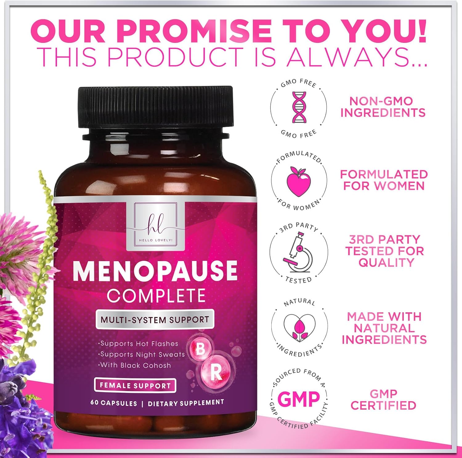 Natural Menopause Relief Supplement for Women - Supports Hot Flashes, Night Sweats & Hormone Balance - Non-GMO & Gluten Free - 60 Capsules