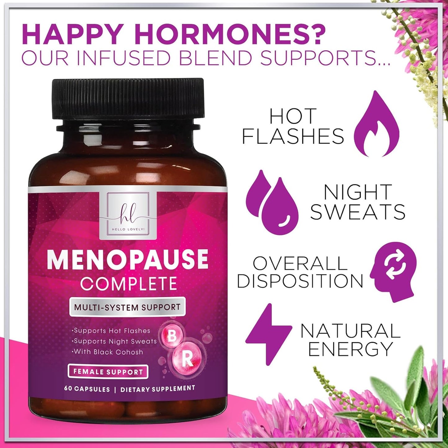 Natural Menopause Relief Supplement for Women - Supports Hot Flashes, Night Sweats & Hormone Balance - Non-GMO & Gluten Free - 60 Capsules