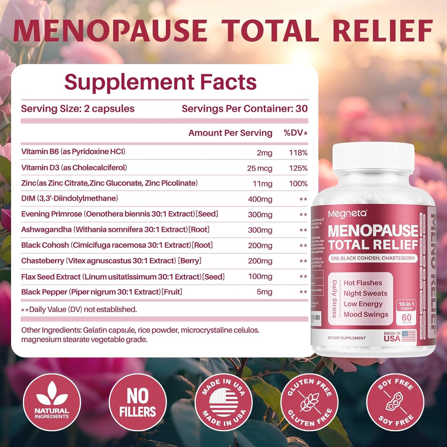 Natural Menopause Relief Supplement with Black Cohosh, DIM, Chasteberry, Evening Primrose, Flax Seed & Ashwagandha - 60 Capsules