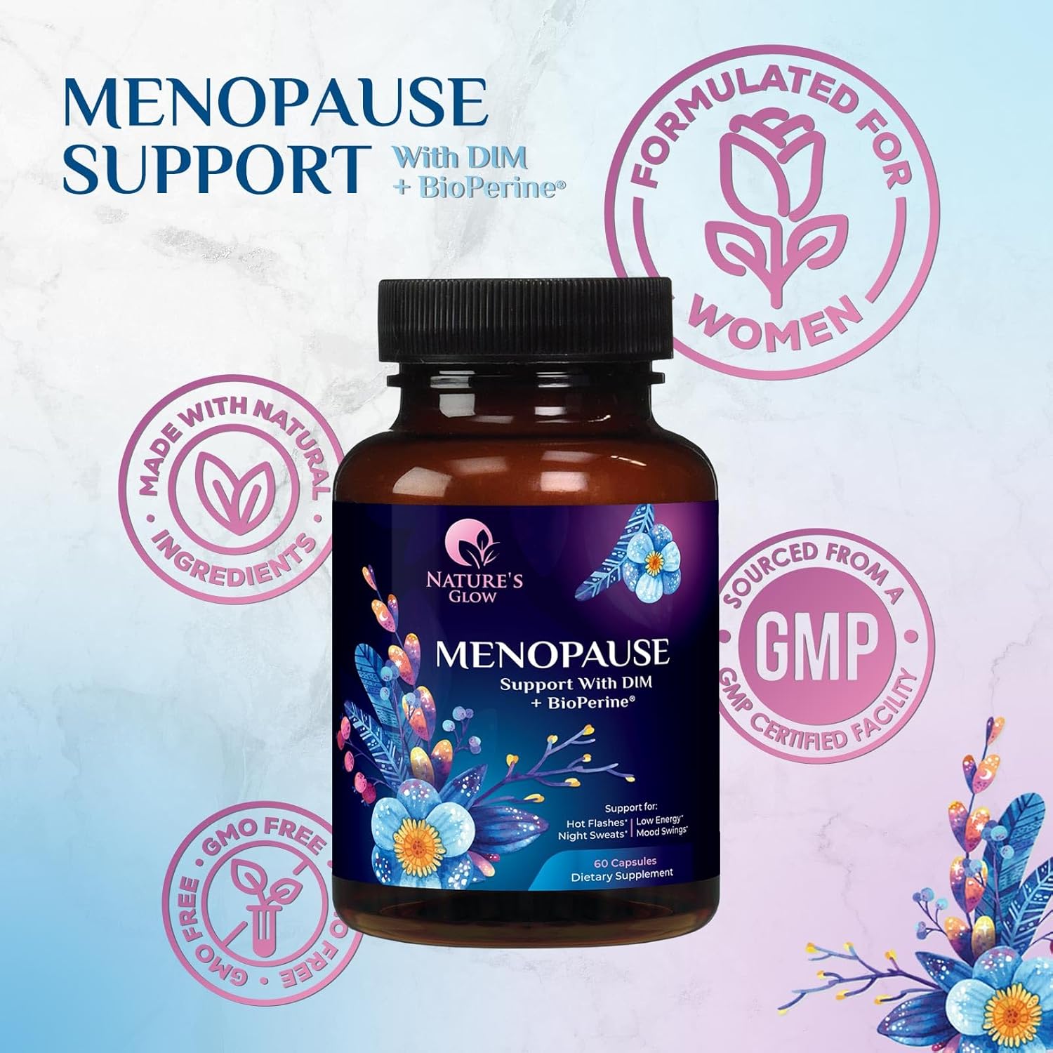 Natural Menopause Relief Supplement with DIM - Benefits for Balance, Antioxidant, Energy, and Skin - 60 Capsules, Non-GMO & Vegan
