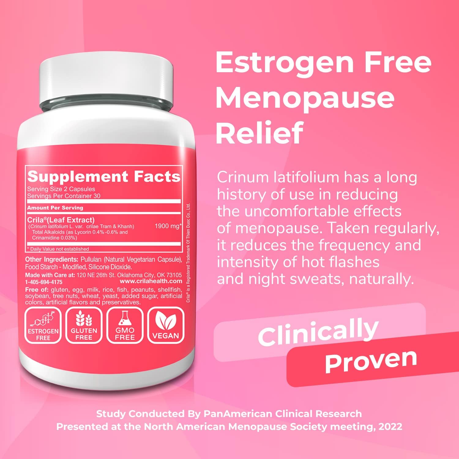 Natural Menopause Relief Supplements for Women - 60 Ct. | Reduce Night Sweats, Hot Flashes, Mood Swings, Fatigue & Bloating | Estrogen-Free Formula | Crila Health