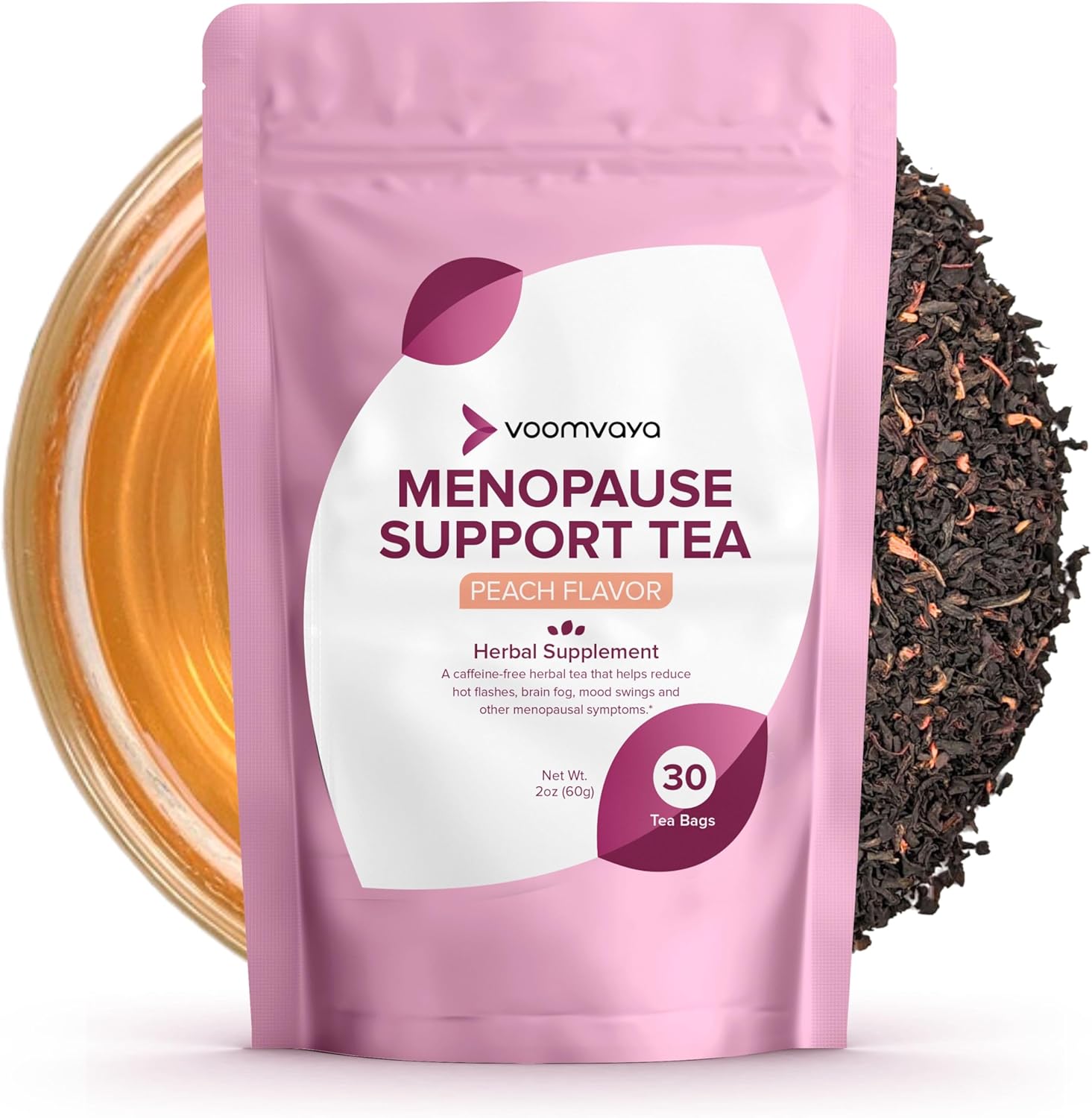 Natural Menopause Relief Tea with Red Clover & Black Cohosh - Alleviate Hot Flashes, Night Sweats, Mood Swings - Peach Flavor - 30 Teabags