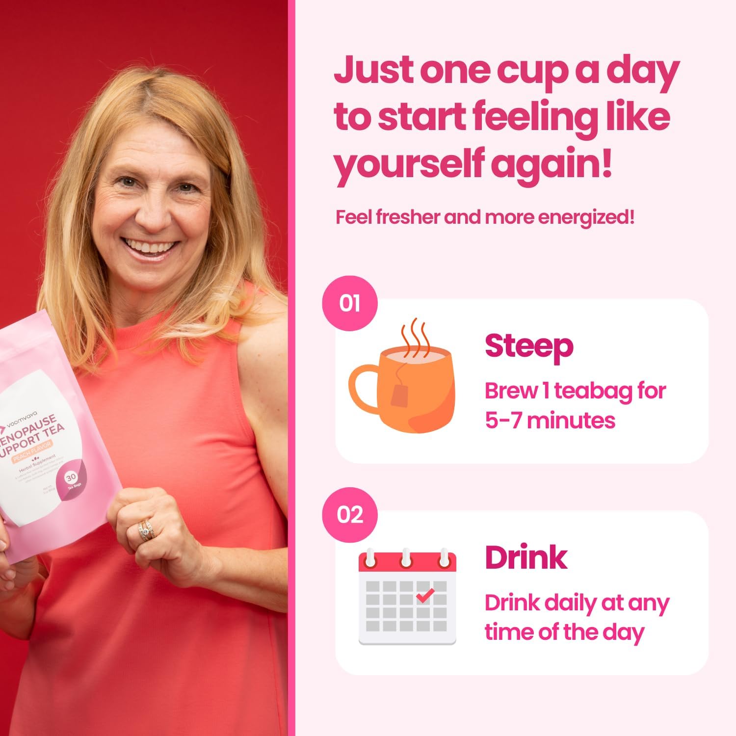 Natural Menopause Relief Tea with Red Clover & Black Cohosh - Alleviate Hot Flashes, Night Sweats, Mood Swings - Peach Flavor - 30 Teabags