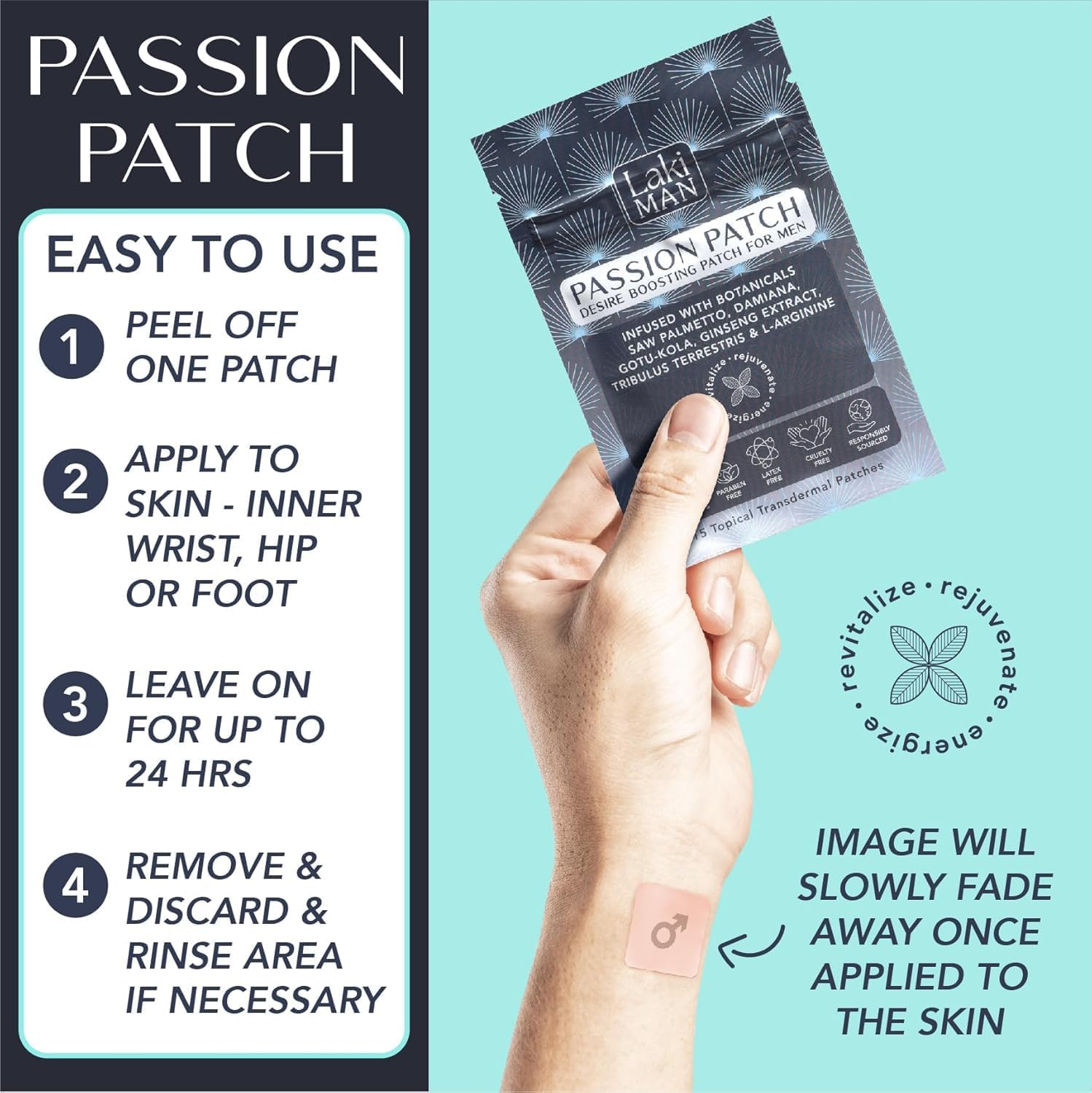 Natural Men's Health Wellness Patches for Circulation, Energy, and Vitality - Pack of 15 - Non-Habit Forming