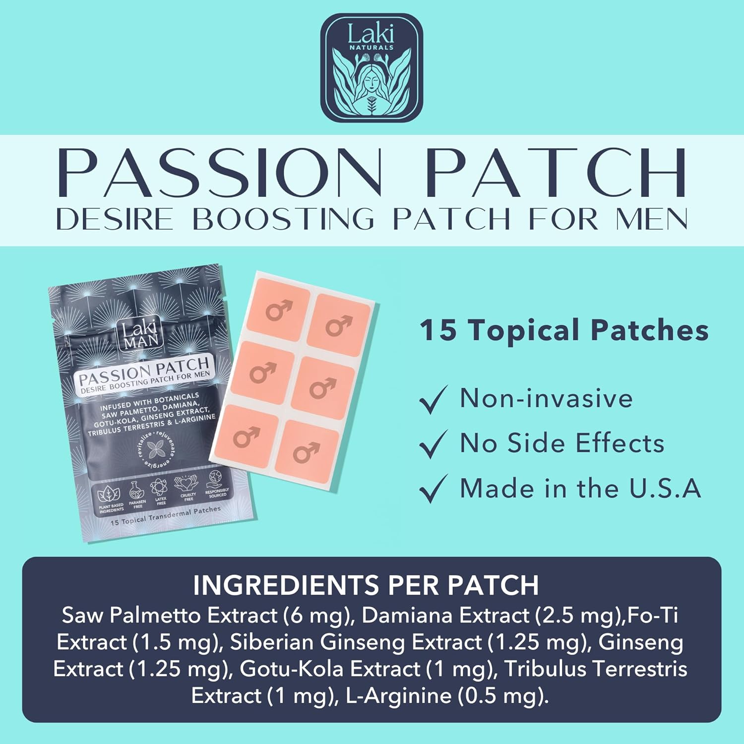 Natural Men's Health Wellness Patches for Circulation, Energy, and Vitality - Pack of 15 - Non-Habit Forming