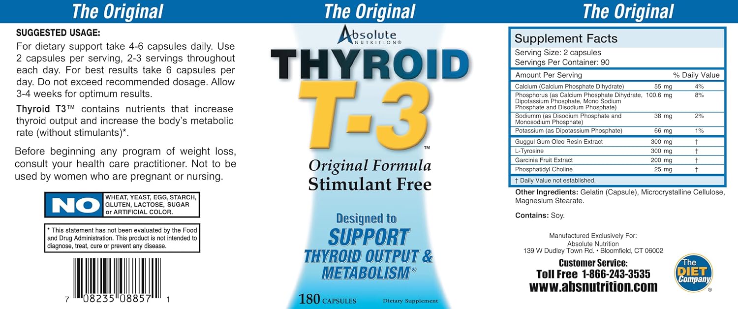 Natural Metabolism Booster Capsules for Healthy Thyroid Function, Energy & Focus - Absolute Nutrition Thyroid T-3, 180 ct.