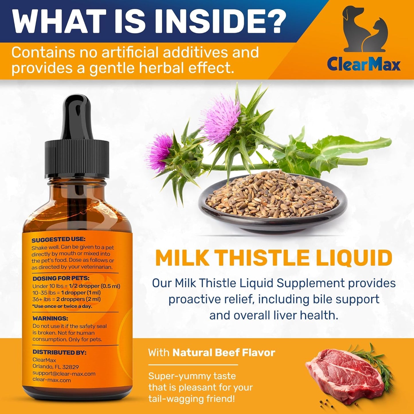 Natural Milk Thistle Supplement for Dogs and Cats - Promotes Kidney Support - 1 Oz Bottle