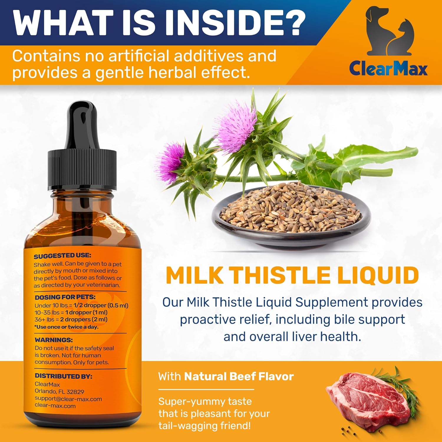 Natural Milk Thistle Supplement for Dogs and Cats - Promotes Kidney Support - 1 Oz Bottle