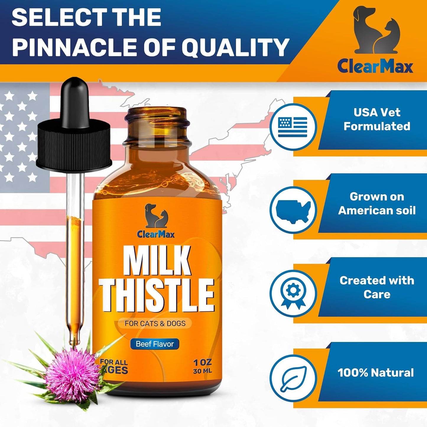 Natural Milk Thistle Supplement for Dogs and Cats - Promotes Kidney Support - 1 Oz Bottle