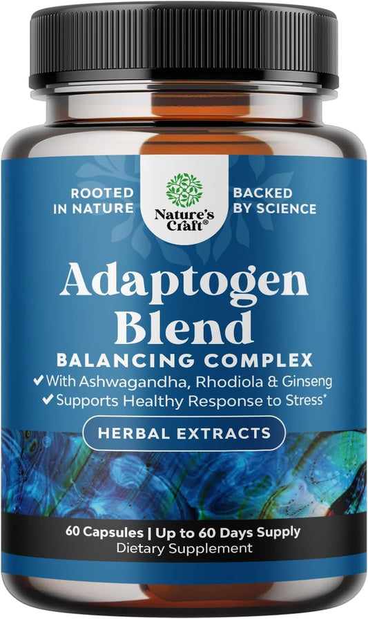 Natural Mood Support Supplement with Adaptogens for Stress & Cortisol - Ashwagandha, Rhodiola Rosea, Maca Root - Vegan & Non-GMO - 60ct