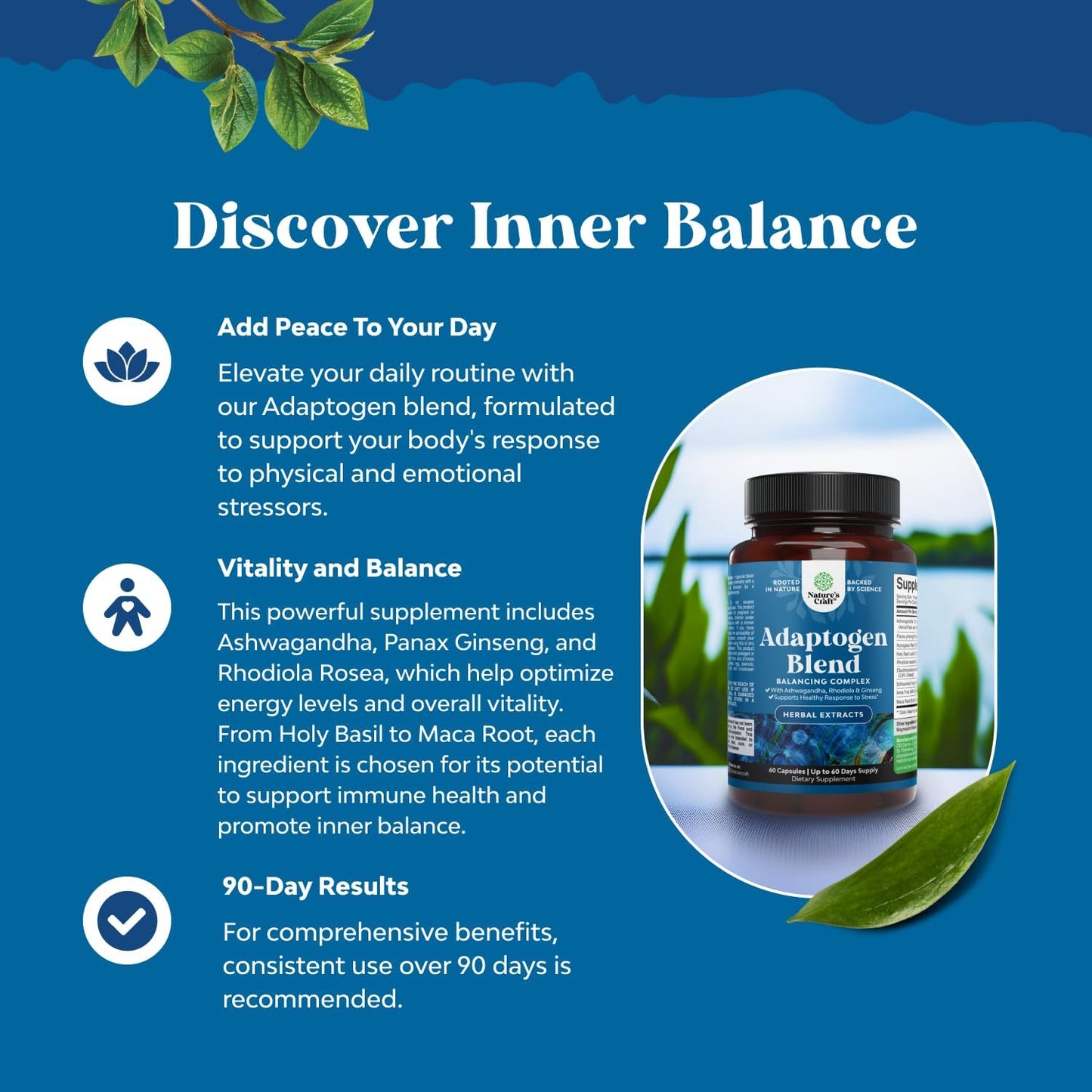 Natural Mood Support Supplement with Adaptogens for Stress & Cortisol - Ashwagandha, Rhodiola Rosea, Maca Root - Vegan & Non-GMO - 60ct