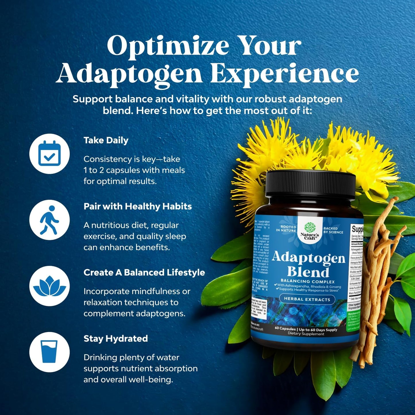 Natural Mood Support Supplement with Adaptogens for Stress & Cortisol - Ashwagandha, Rhodiola Rosea, Maca Root - Vegan & Non-GMO - 60ct