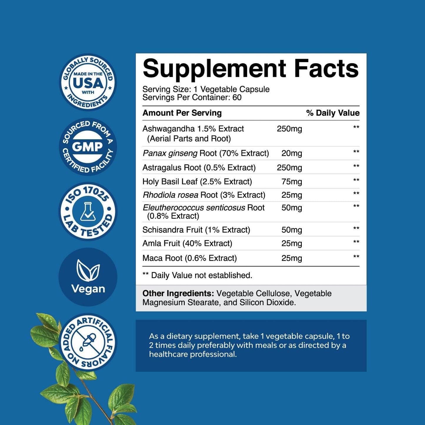 Natural Mood Support Supplement with Adaptogens for Stress & Cortisol - Ashwagandha, Rhodiola Rosea, Maca Root - Vegan & Non-GMO - 60ct