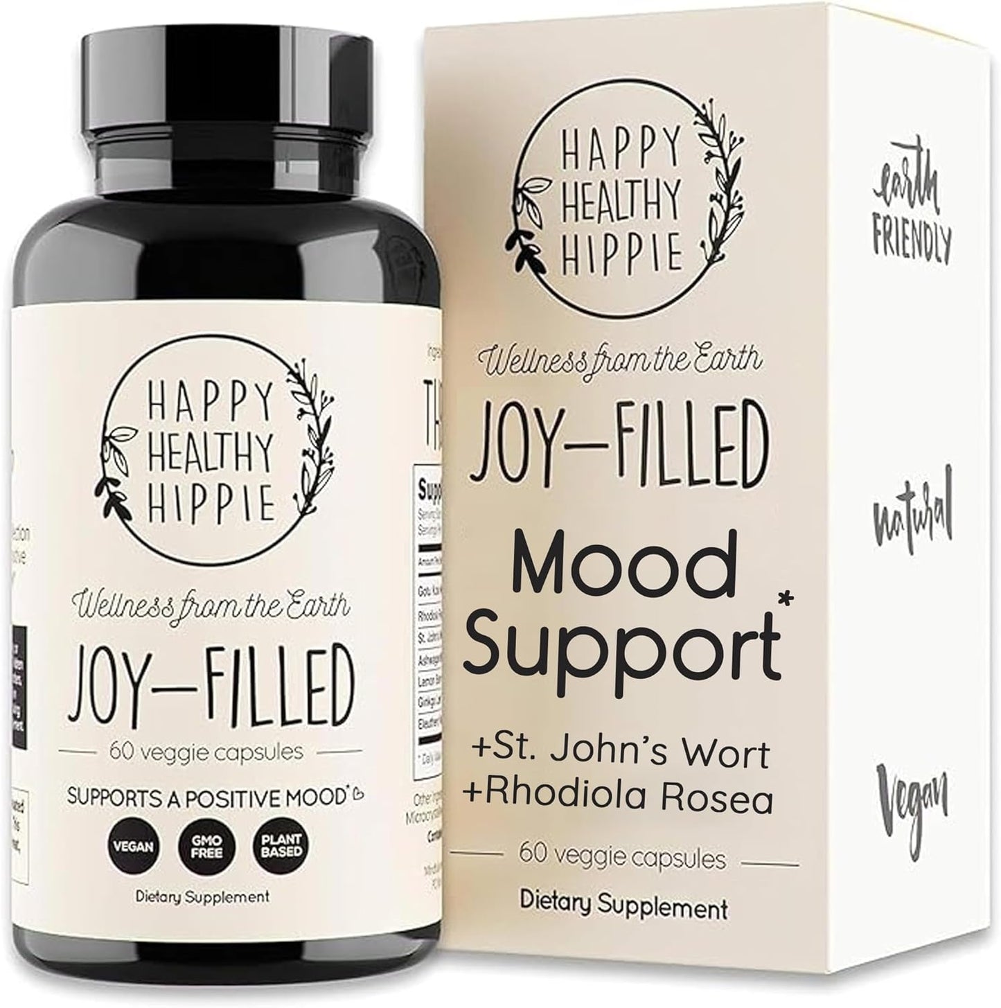 Natural Mood Support Supplement with St. Johns Wort | Stress Relief and Calm Mind & Body | Plant-Based Happy Pills with Ashwagandha, Rhodiola Rosea, Eleuthero - Herbal Adaptogens, 60 Ct