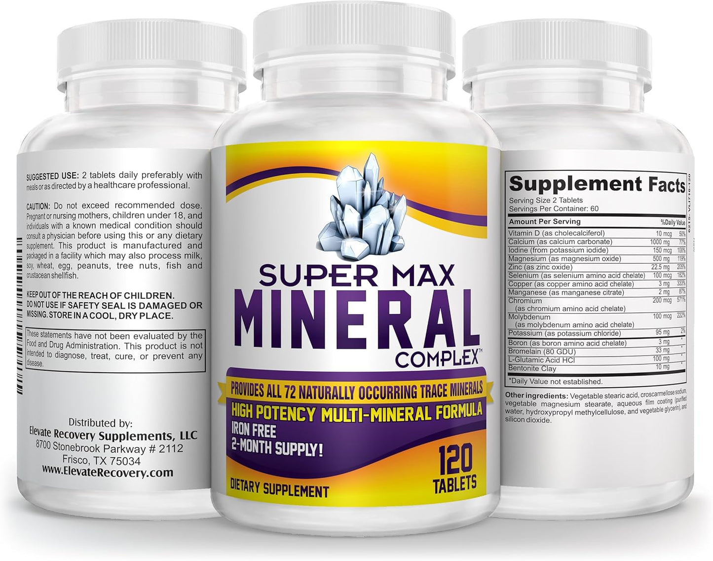 Natural Multiminerals with 72 Trace Minerals - High Potency 2-Month Supplement - Iron Free Formula | 120 Tablets