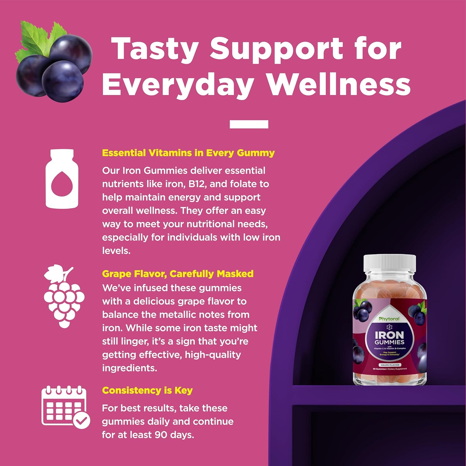 Natural Multivitamin Iron Gummies for Adults - Energy Boost B Complex Vitamins - Gummy Supplement for Mental Clarity and Focus