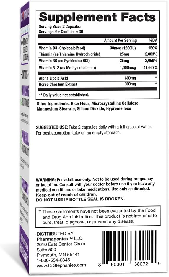 Natural Nerve Support Capsules with Alpha Lipoic Acid and Vitamin B12 - Relief for Leg, Finger, and Toe Discomfort - Pharmaganics Dr Stephanie's Miracle Formula