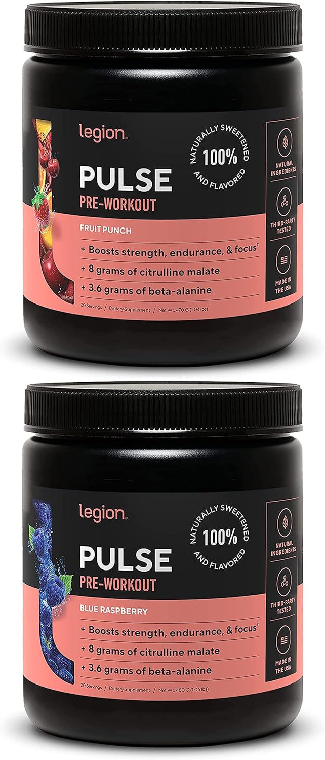 Natural Nitric Oxide Pre Workout Drink - Boost Energy with LEGION Pulse Supplement, Creatine Free, Sweetened with Beta Alanine, Citrulline, Alpha GPC (Fruit Punch & Blue Raspberry)