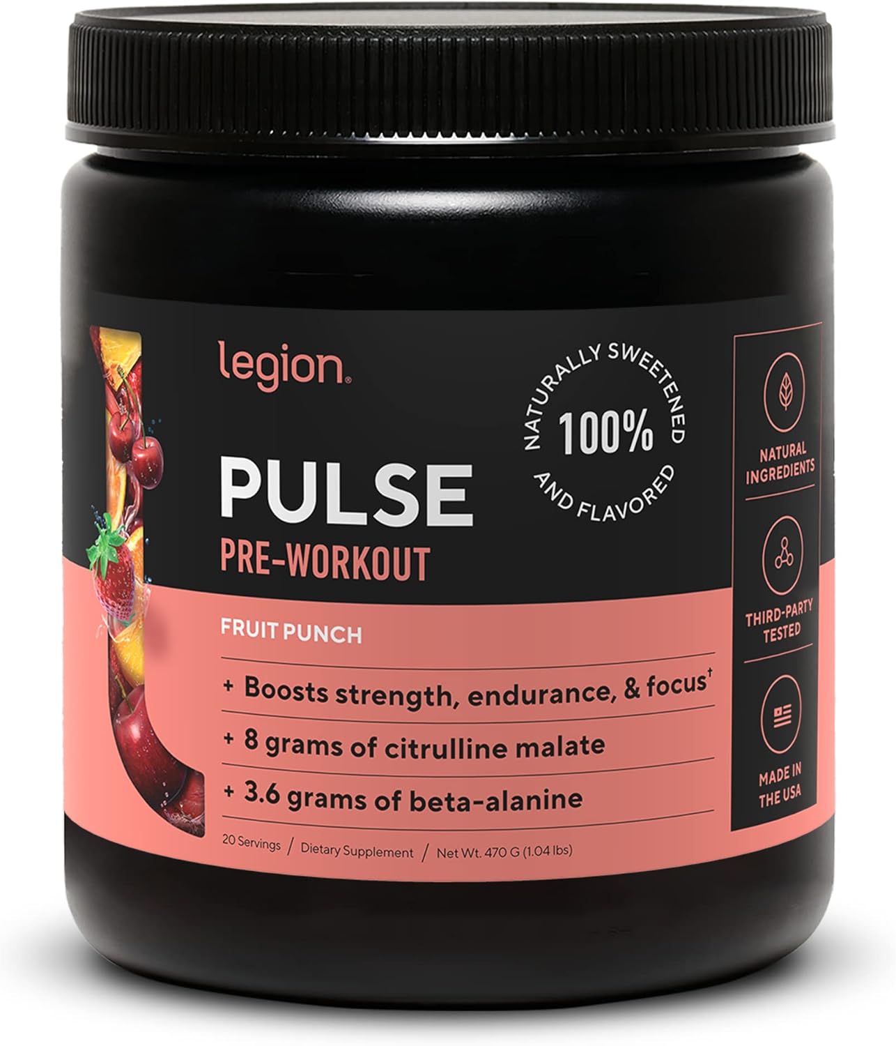Natural Nitric Oxide Pre Workout Drink - Boost Energy with LEGION Pulse Supplement, Creatine Free, Sweetened with Beta Alanine, Citrulline, Alpha GPC (Fruit Punch & Blue Raspberry)