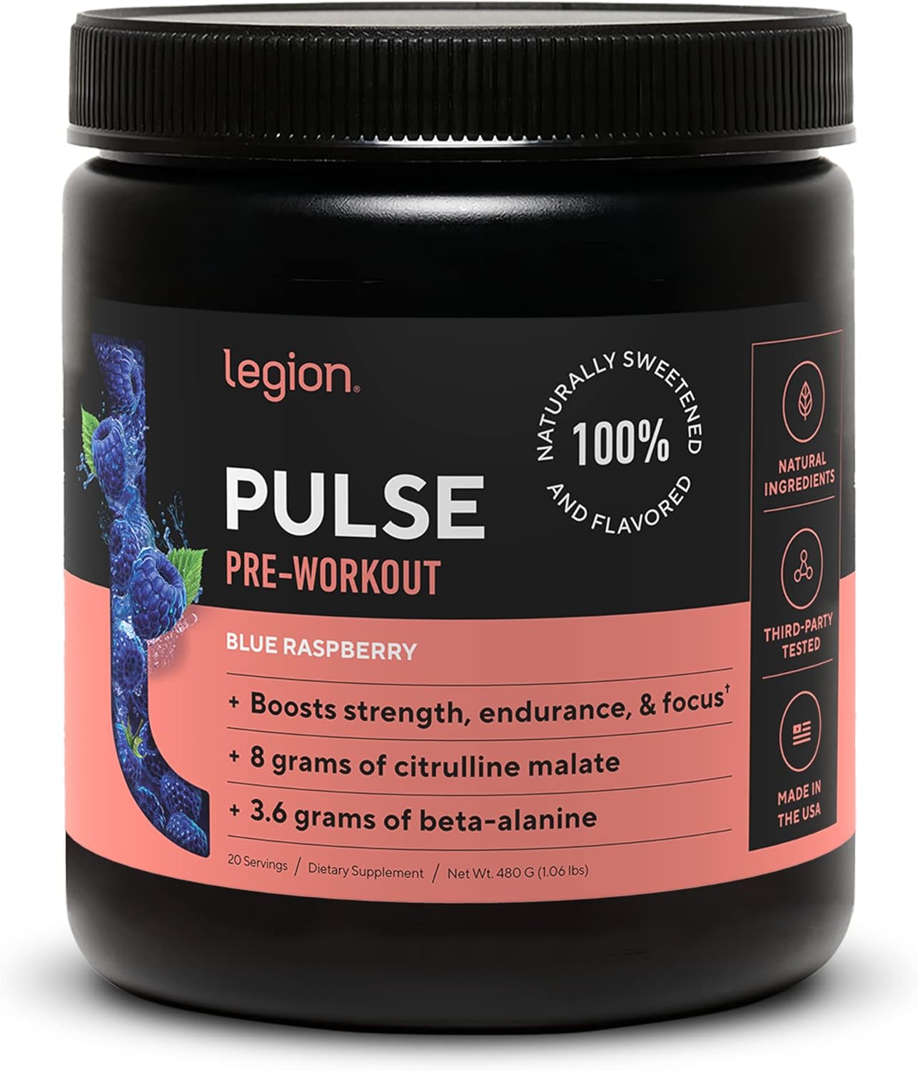 Natural Nitric Oxide Pre Workout Drink - Boost Energy with LEGION Pulse Supplement, Creatine Free, Sweetened with Beta Alanine, Citrulline, Alpha GPC (Fruit Punch & Blue Raspberry)