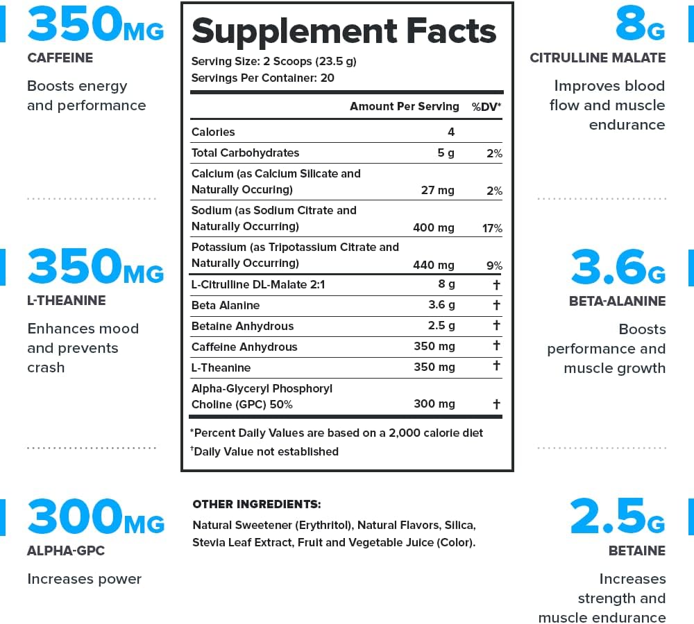 Natural Nitric Oxide Pre Workout Drink - Boost Energy with LEGION Pulse Supplement, Creatine Free, Sweetened with Beta Alanine, Citrulline, Alpha GPC (Fruit Punch & Blue Raspberry)
