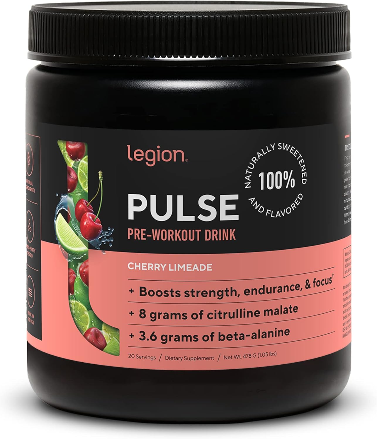 Natural Nitric Oxide Preworkout Drink for Energy Boost - Creatine Free, Sweetened Naturally with Beta Alanine, Citrulline, Alpha GPC (Cherry Limeade)