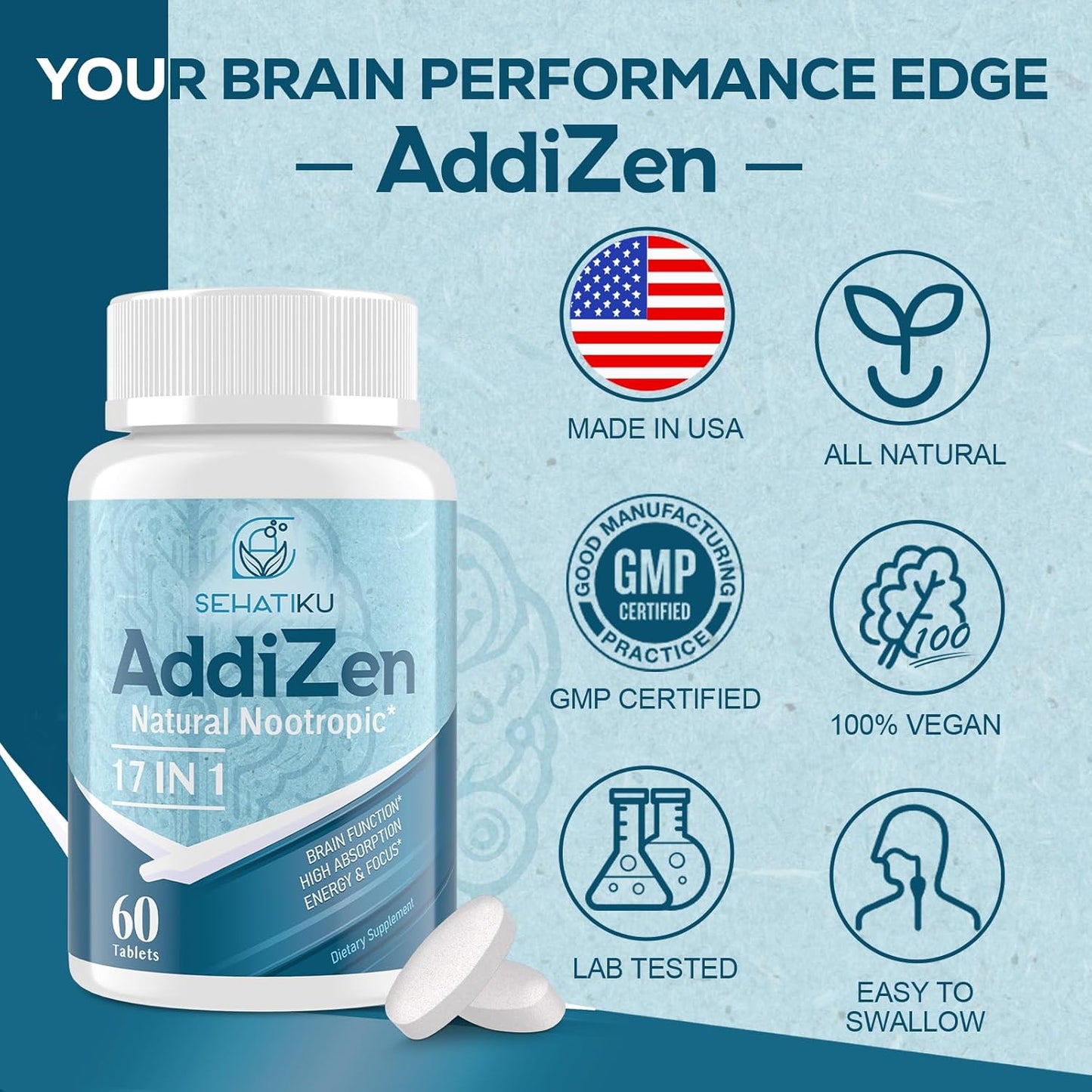 Natural Nootropic Brain Supplement for Memory, Focus, and Energy | 17-in-1 Formula with L-Theanine, Phytonutrients, and Vitamins | High Absorption | 60 Tablets