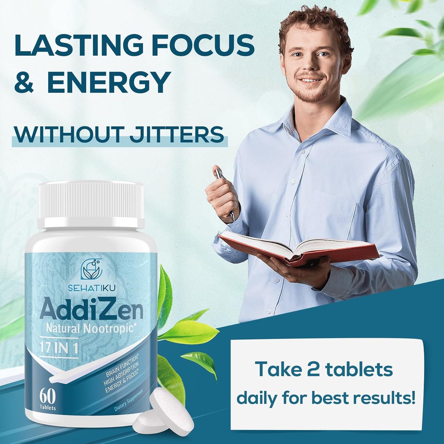 Natural Nootropic Brain Supplement for Memory, Focus, and Energy | 17-in-1 Formula with L-Theanine, Phytonutrients, and Vitamins | High Absorption | 60 Tablets