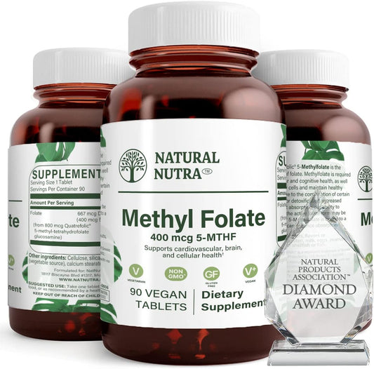 Natural Nutra Active Methyl Folate Supplement with Quatre Folic - Supports Brain, Heart, and Cell Health, Boosts Immune System - 90 Vegan Tablets
