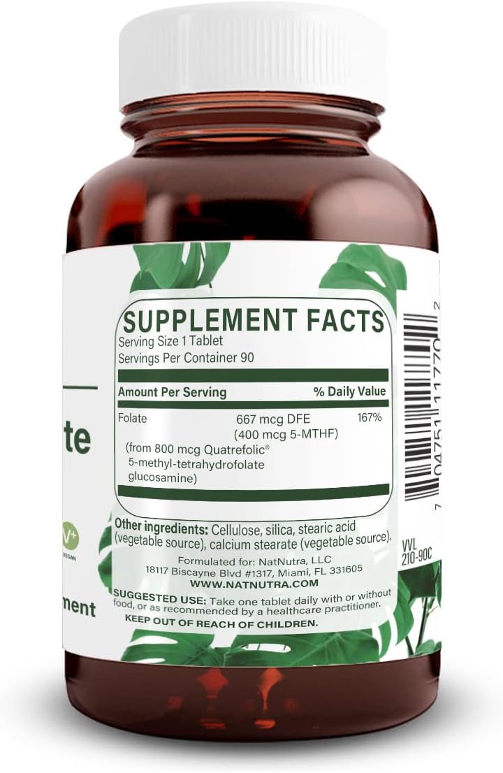 Natural Nutra Active Methyl Folate Supplement with Quatre Folic - Supports Brain, Heart, and Cell Health, Boosts Immune System - 90 Vegan Tablets