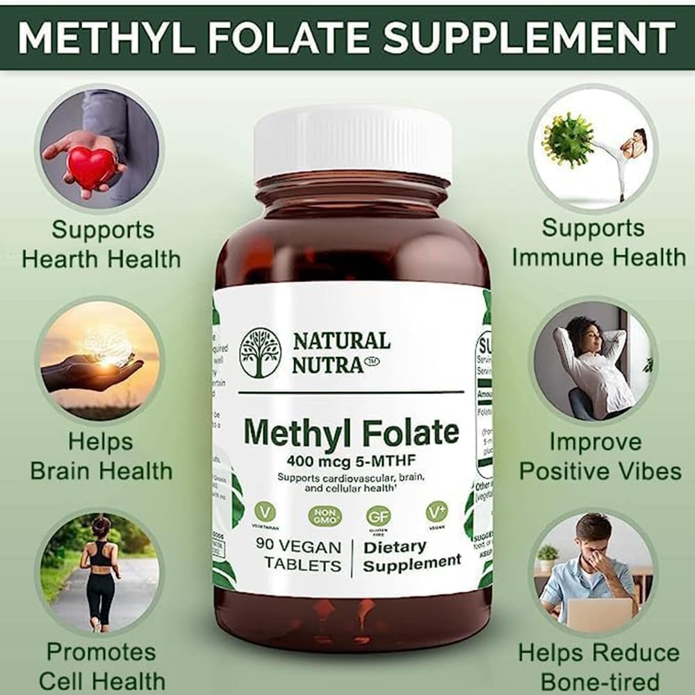 Natural Nutra Active Methyl Folate Supplement with Quatre Folic - Supports Brain, Heart, and Cell Health, Boosts Immune System - 90 Vegan Tablets