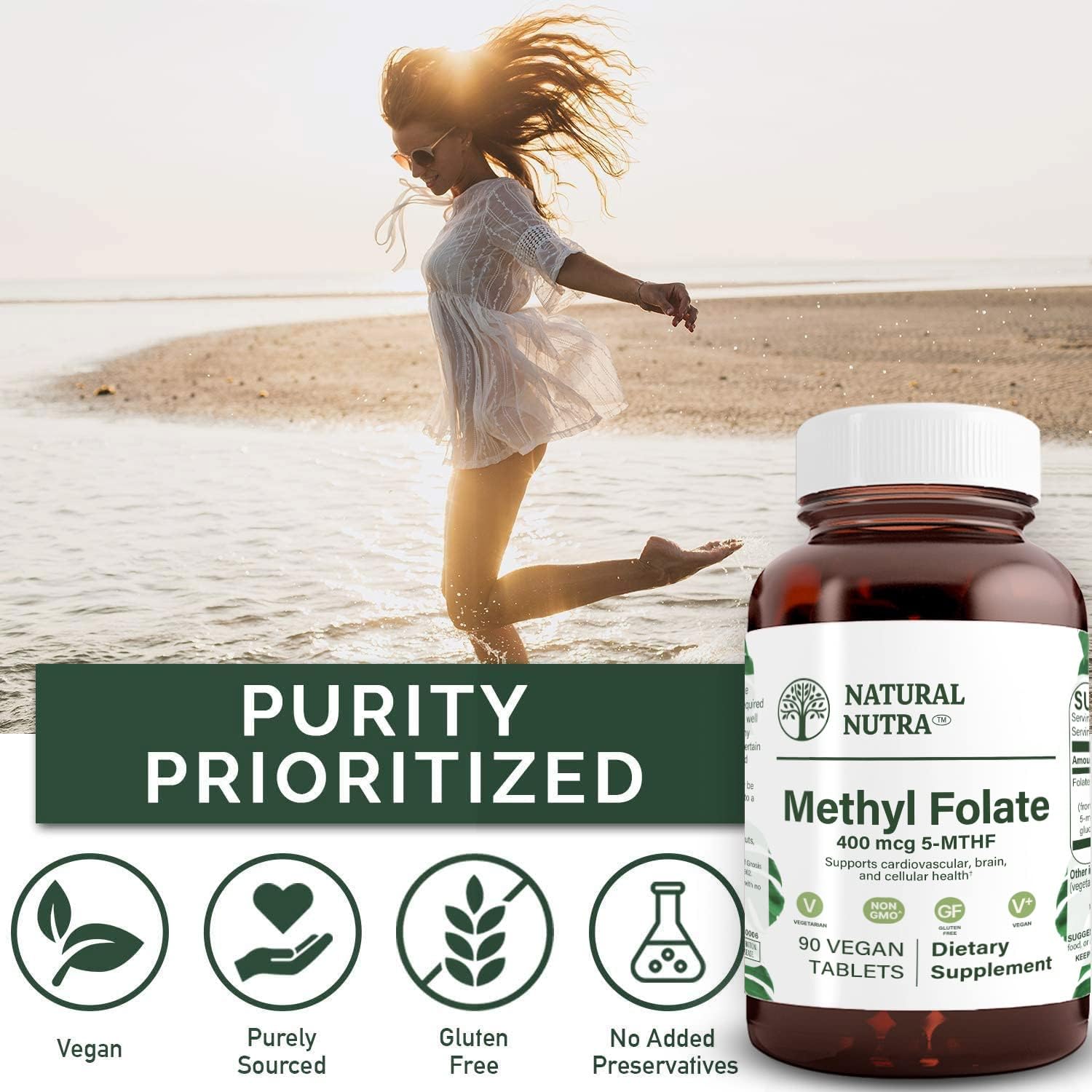 Natural Nutra Active Methyl Folate Supplement with Quatre Folic - Supports Brain, Heart, and Cell Health, Boosts Immune System - 90 Vegan Tablets