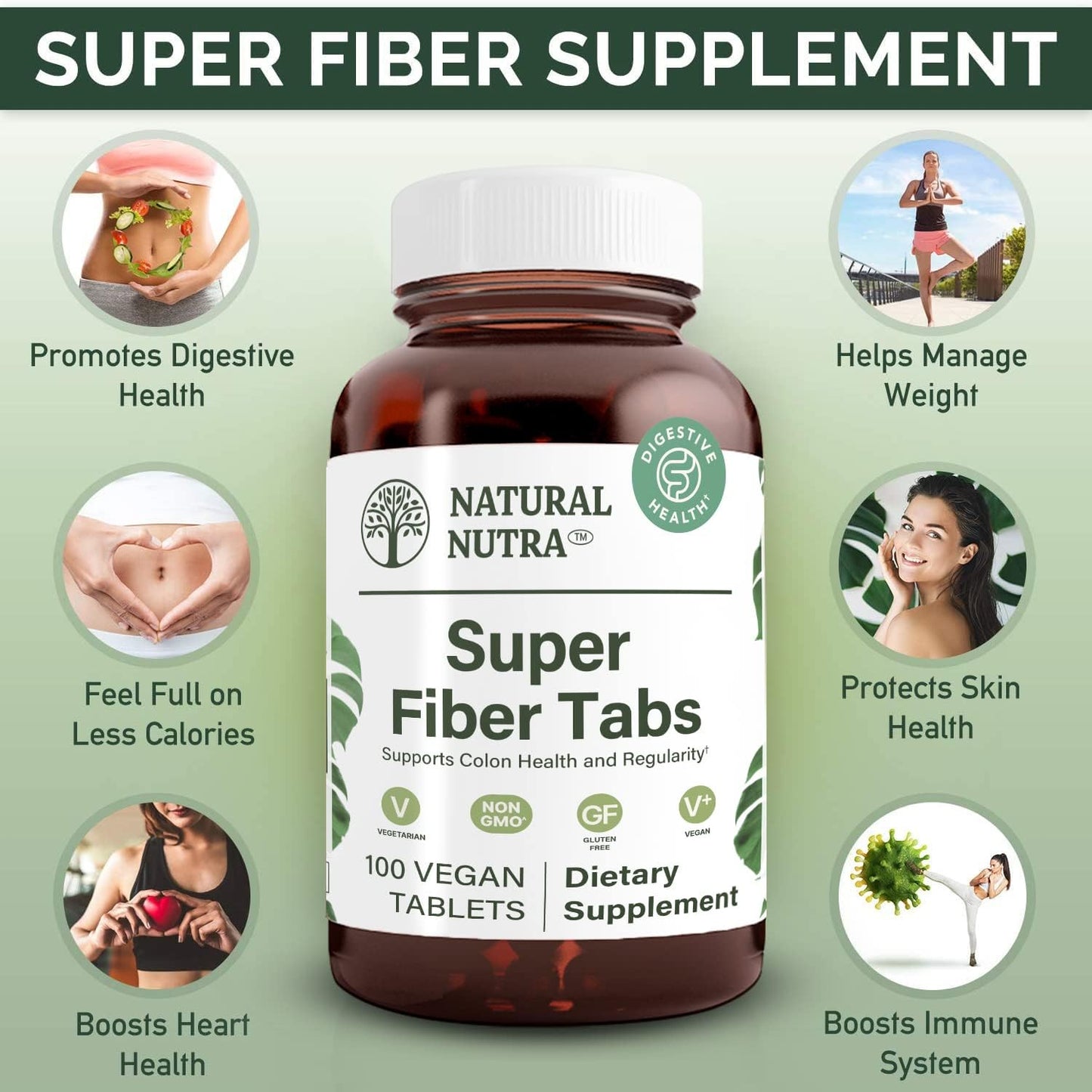 Natural Nutra Super Fiber Supplement for Digestive and Cardiovascular Health - Weight Management, Skin Protection, Heart and Immune Support - Non GMO, Gluten Free, Vegan - 100 Vegan